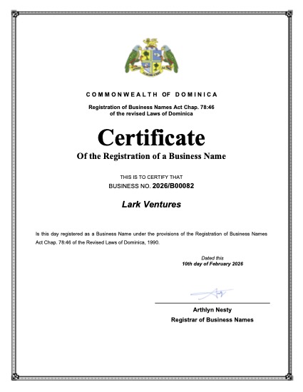 Preview of Lark Ventures registration certificate